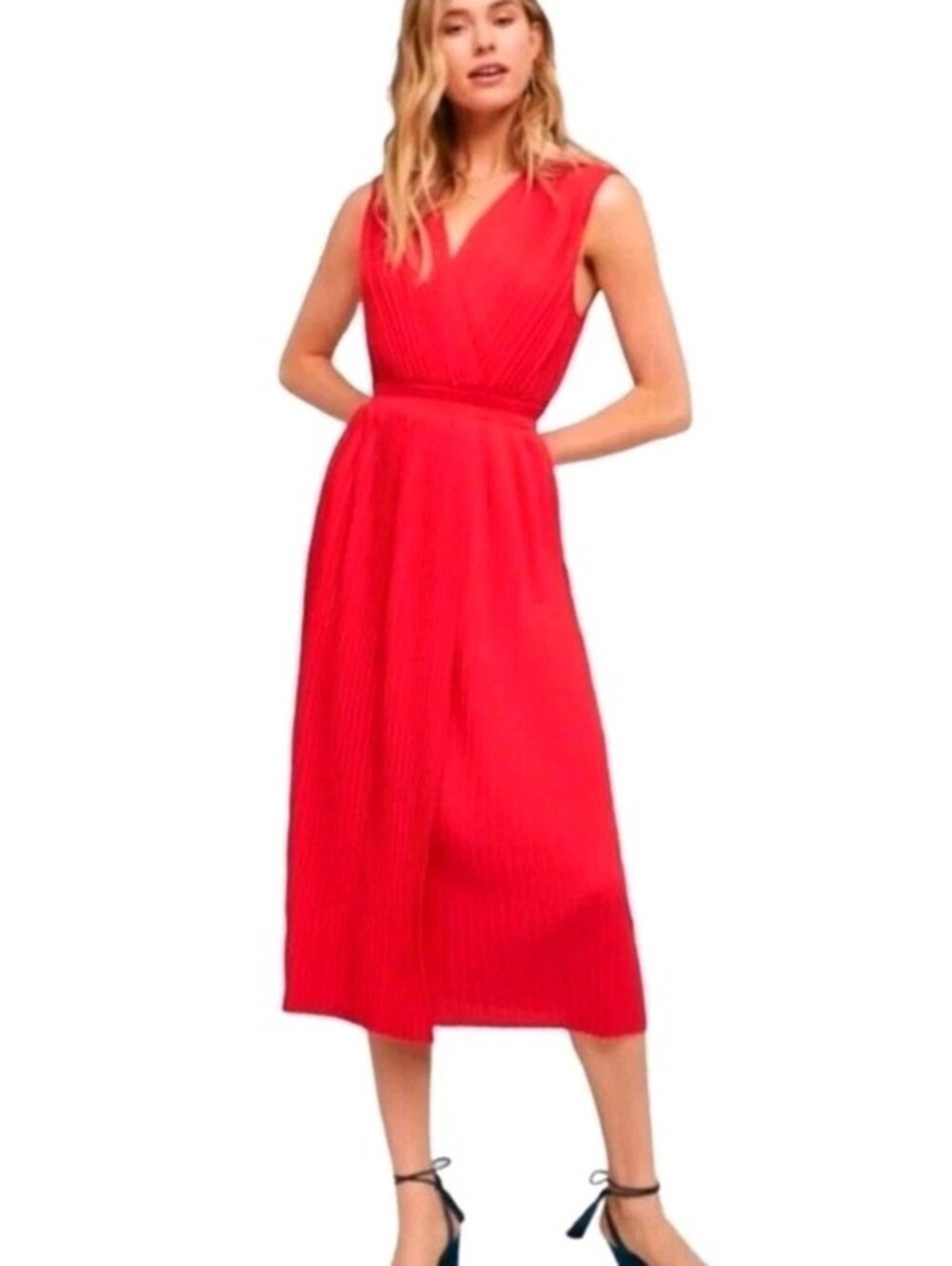 Anthropologie Tracy Reese Medium Red Pleated Midi Dress V Neck Lined